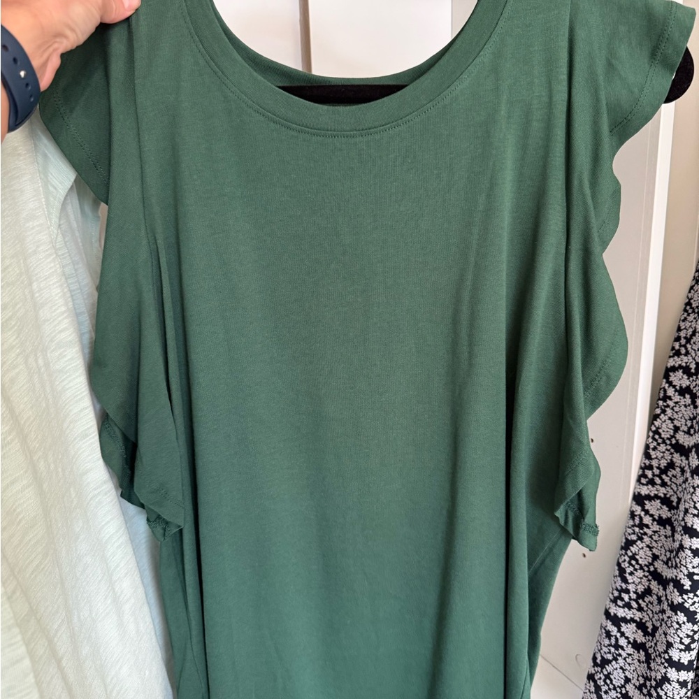 LOFT Forest Green Ruffle Sleeve Tank Top
